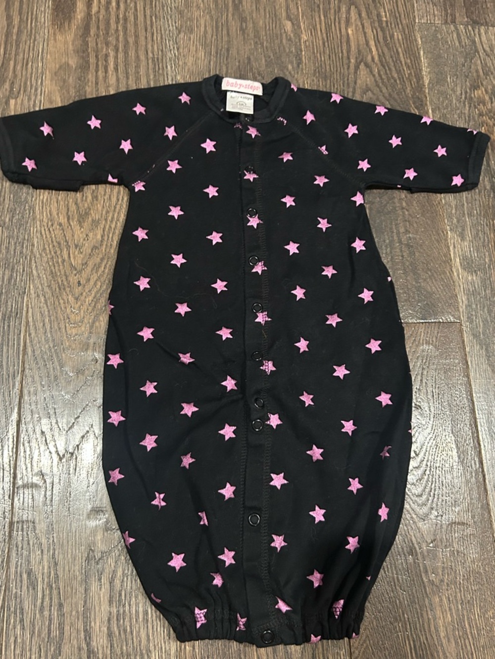 Baby Steps Black Baby Gown with Pink Star Print- Converts to onesie Sz NB